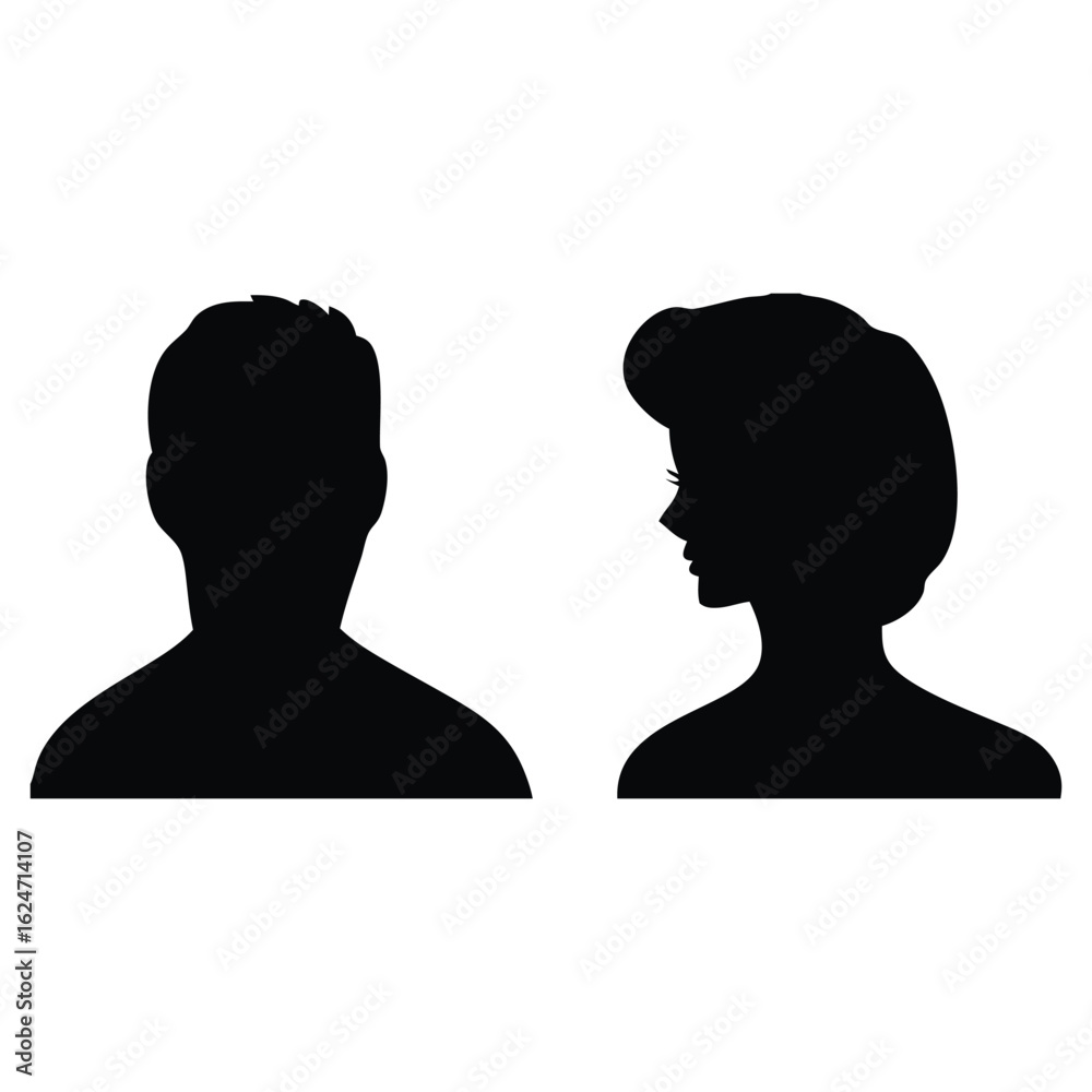 Fototapeta premium Silhouettes of Man and Woman Side by Side Black Figures Isolated