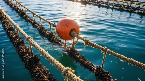 Mussel farm with ropes full of fresh mussels. Aquaculture industry for seafood production on a sunny day. Marine cultivation of shellfish.