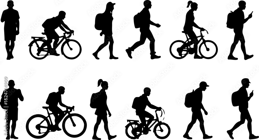 Obraz premium Silhouettes of People Walking and Biking