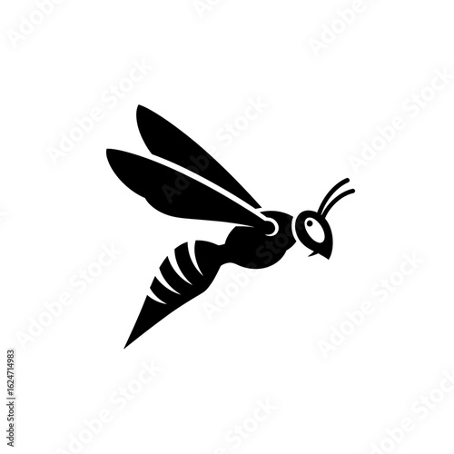 Stylized Black Wasp Silhouette with Wings and Segmented Abdomen in Flight