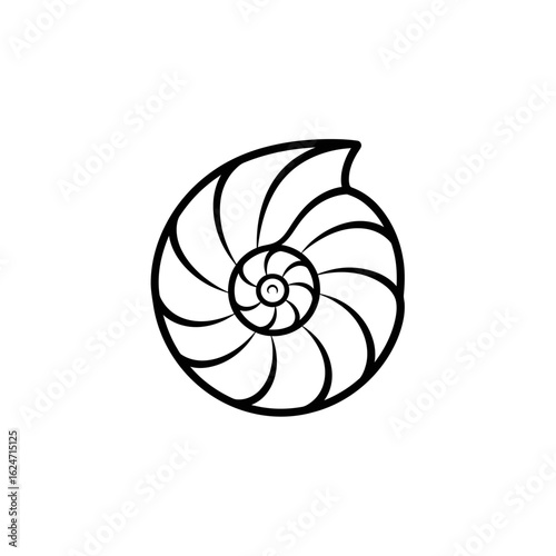 Stylized Nautilus Shell Illustration with Black Outline and Spiral Pattern