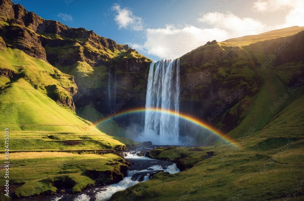 Obraz premium Majestic waterfall cascading down cliffs with a vibrant rainbow arching over lush green landscape in Iceland during daylight