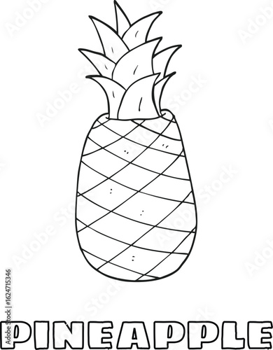 Coloring Book Kids Detailed line art of a pineapple illustration with the word pineapple below, ideal for coloring pages and educational materials