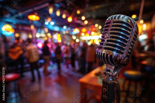 Vintage Microphone at Lively Nightclub with Colorful Lights