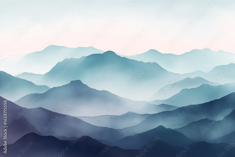 Fototapeta premium Layered mountain landscape in watercolor style with soft mist and gradient sky
