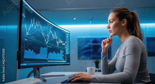 Wallpaper Mural A young female analyst monitoring stock exchange charts on a large monitor in a blue office Torontodigital.ca