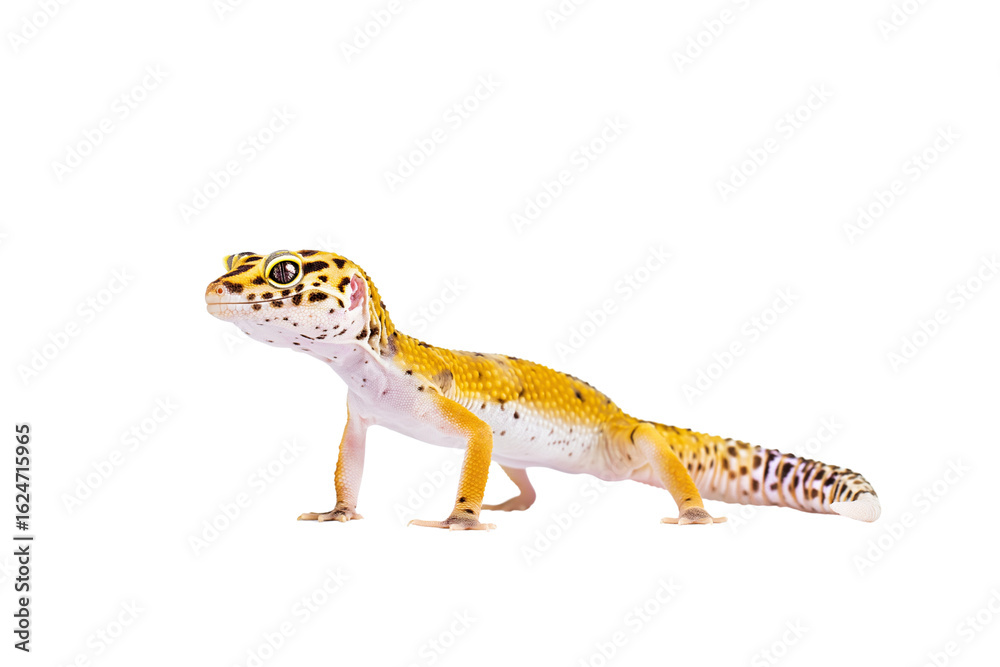 Naklejka premium Leopard gecko standing still, vibrant pattern visible, isolated on pure white background, no shadow