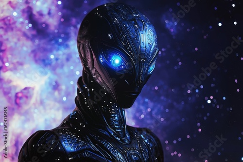 Futuristic Alien Being with Glowing Eyes in Cosmic Space, Surrounded by Colorful Stars, Mysterious and Intriguing, Science Fiction Concept Art