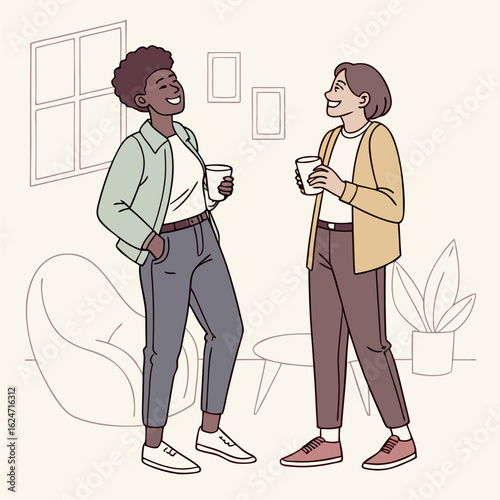 Two coworkers laughing while holding coffee mugs in office lounge