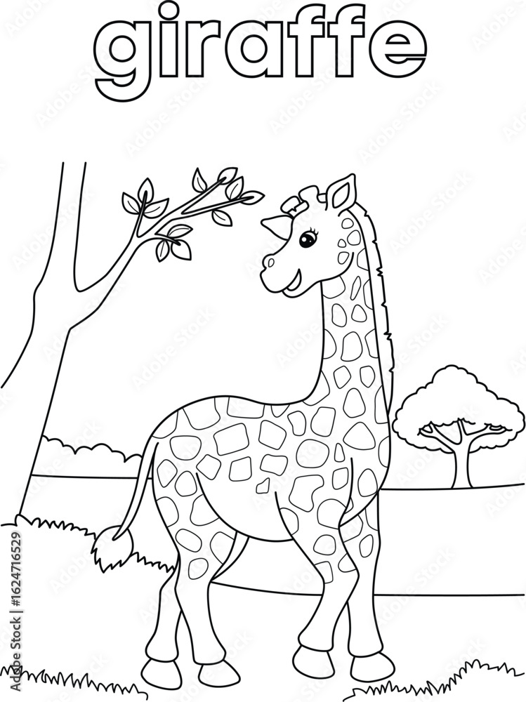Fototapeta premium Coloring Book Kids Adorable giraffe illustration in a serene savanna setting, perfect for educational resources and children's coloring pages, showcasing the beauty of wildlife