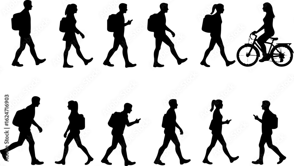 Fototapeta premium Silhouettes of People Walking and Biking