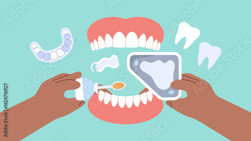 dentist's hands taking a dental impression with a tray vector illustration, custom appliance molding, orthodontic casting and impression taking