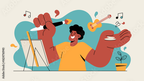 happy artist painting on a canvas with music and plants vector illustration, developing a creative hobby, artistic expression and personal wellness