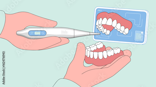 dental technician scanning dentures with a 3d intraoral scanner vector illustration, digital prosthodontics, modern dental lab technology and 3d modeling