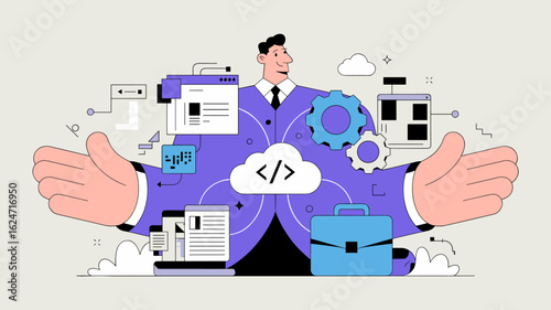 tech strategist showcasing a digital transformation strategy vector illustration, business modernization, technology integration and it services