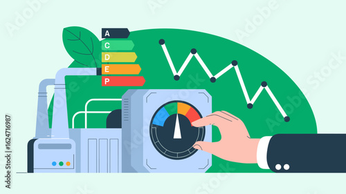 engineer adjusting factory energy consumption meter vector illustration, efficiency monitoring, sustainable industry and carbon footprint reduction