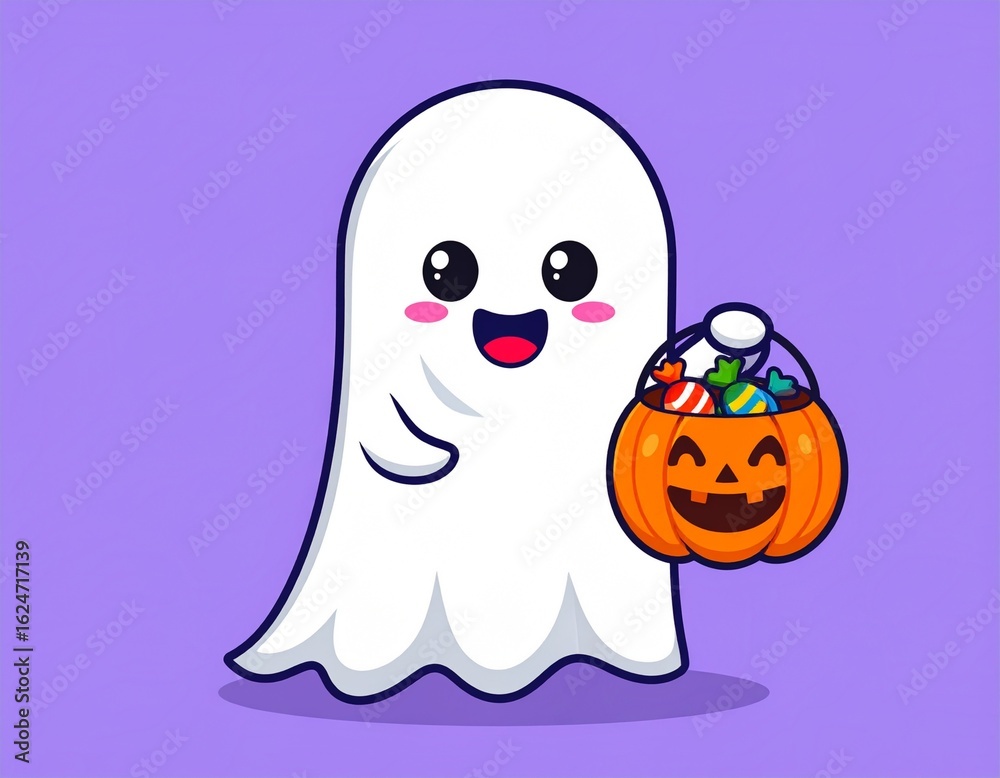 Cute ghost holding a pumpkin candy bucket in a purple background. Halloween characters. trick or treat. Day of the dead. Cute ghost holding a pumpkin candy bucket in a purple background. Halloween characters. trick or treat. Day of the dead.
