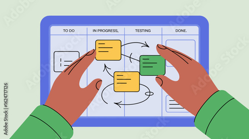 project manager's hands organizing tasks on kanban board vector illustration, agile methodology, workflow visualization and scrum process
