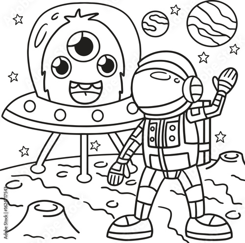 Coloring Book Kids Cartoon astronaut waving hello to a friendly alien in a flying saucer on a desolate planet with stars and planets in the background