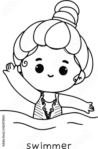 Coloring Book Kids Cute cartoon girl swimming in water with a happy expression and her hair in a bun illustration for children's books or educational materials