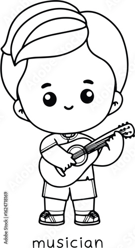 Coloring Book Kids Adorable cartoon boy playing guitar, a charming vector illustration perfect for children's books and educational materials, full of musical joy
