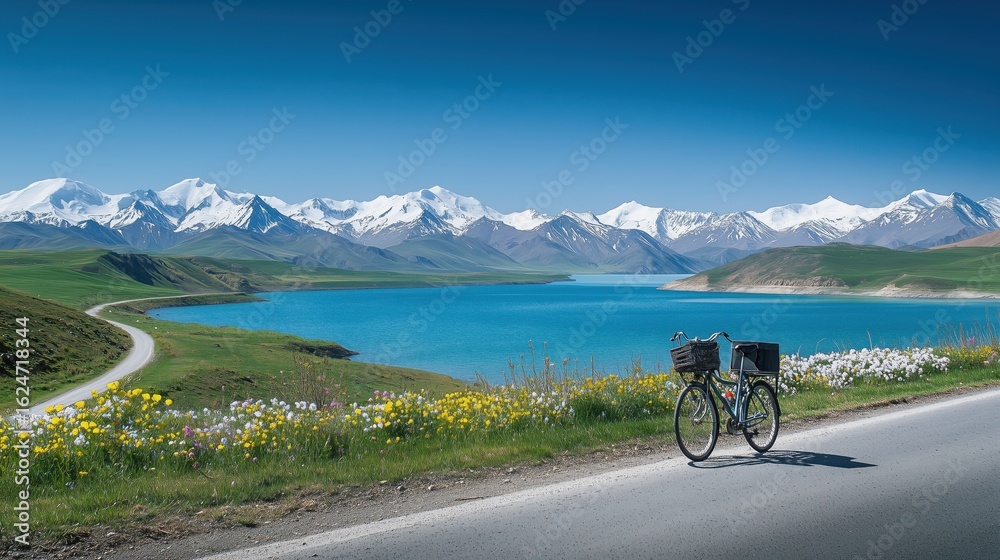 Fototapeta premium The circular road, the crystal-clear blue water meeting the snow-capped mountains, a vintage bicycle parked by the roadside