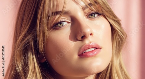 Woman portrait, blonde hair, fair skin, striking green eyes, pink backdrop