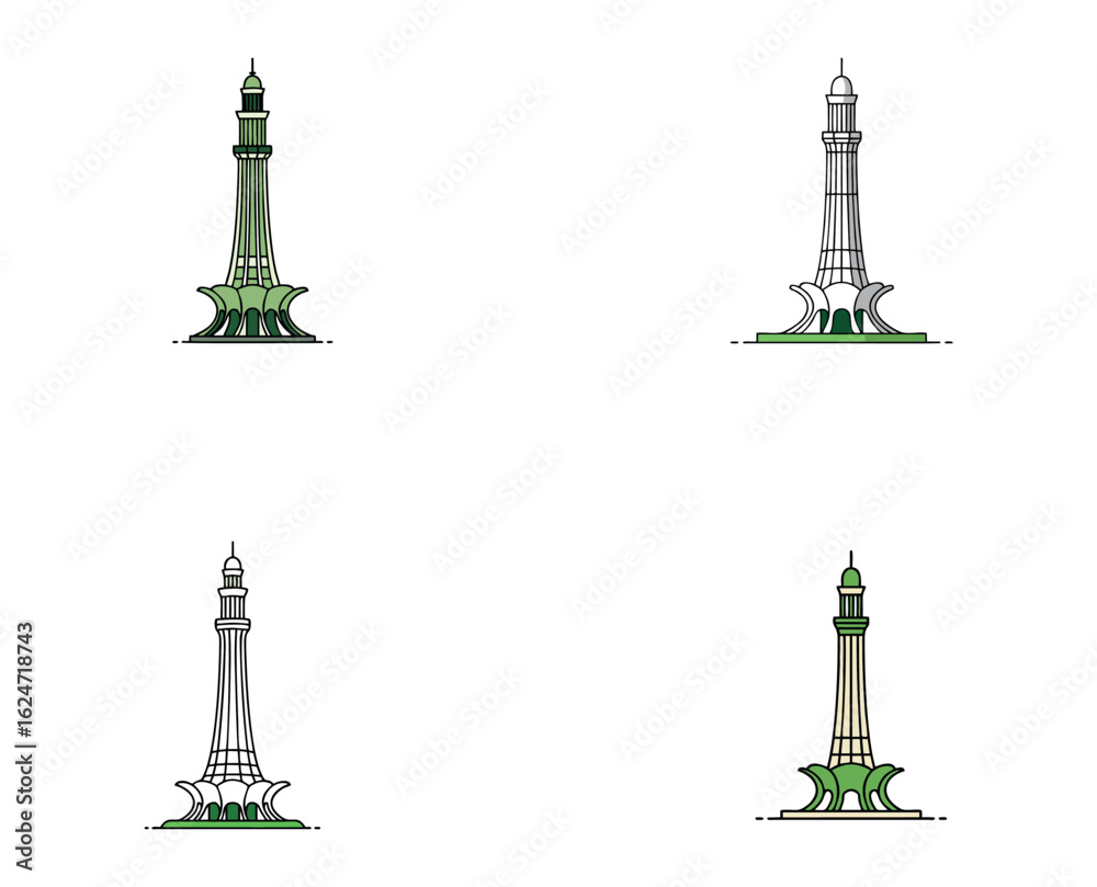 Obraz premium Minar-e-Pakistan Line Art Icon – Flat Vector with Green Accents for Independence Day