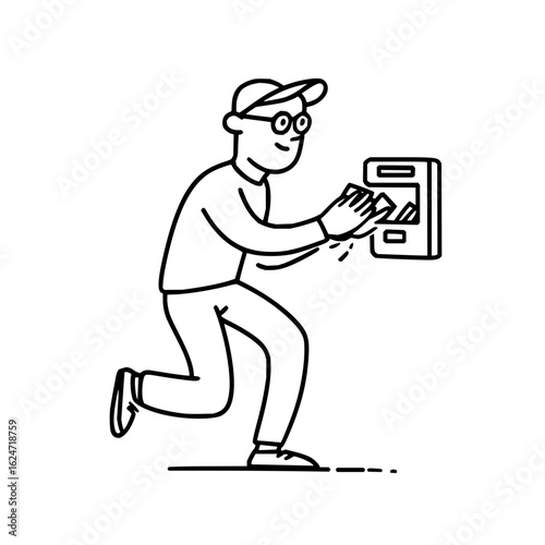 Man stealing money from atm machine vector illustration financial crime bank robbery cash theft outline art