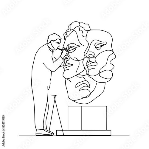 Sculptor creating a face sculpture line art illustration showcasing artistic expression and craftsmanship skill