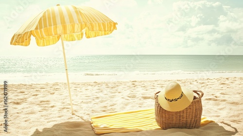 vintage beach scene with a yellow striped umbrella, woven beach bag, straw hat on a yellow and white towel, soft sunlight, pale sandy beach, calm ocean in background, summer retro aesthetic