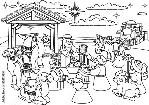 Coloring Book Nativity scene illustration depicting the birth of Jesus with Mary, Joseph, shepherds, and wise men present