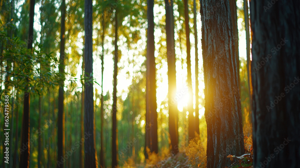 Fototapeta premium Tranquil sunrise illuminates serene forest, casting warm light through tall trees, creating peaceful atmosphere