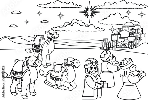 Coloring Book Three wise men journey with camels towards city under Bethlehem star in Christmas nativity scene