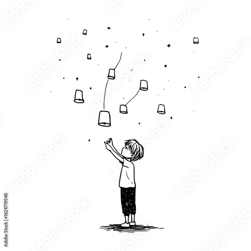 Illustration of boy releasing sky lanterns at night drawing sketch art concept for festival design idea