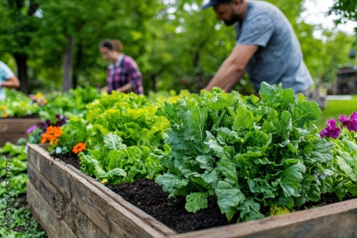 Gardeners cultivating fresh produce in raised garden beds with vibrant green lettuce and colorful flowers in a community garden setting