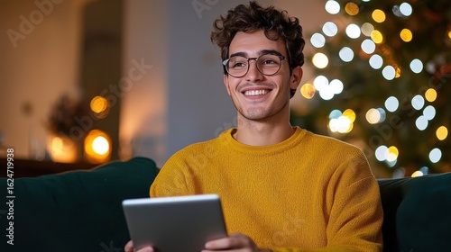 Young man with glasses using tablet at home during festive season, smiling joyfully, blurred Christmas lights in background creating warm atmosphere