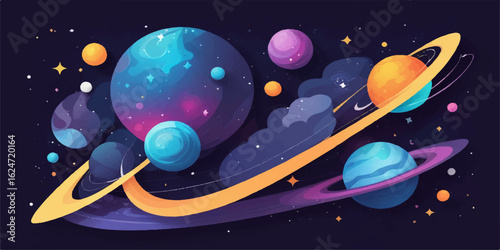 Astronomy illustration of planets orbiting a star in the vast cosmos of the solar system