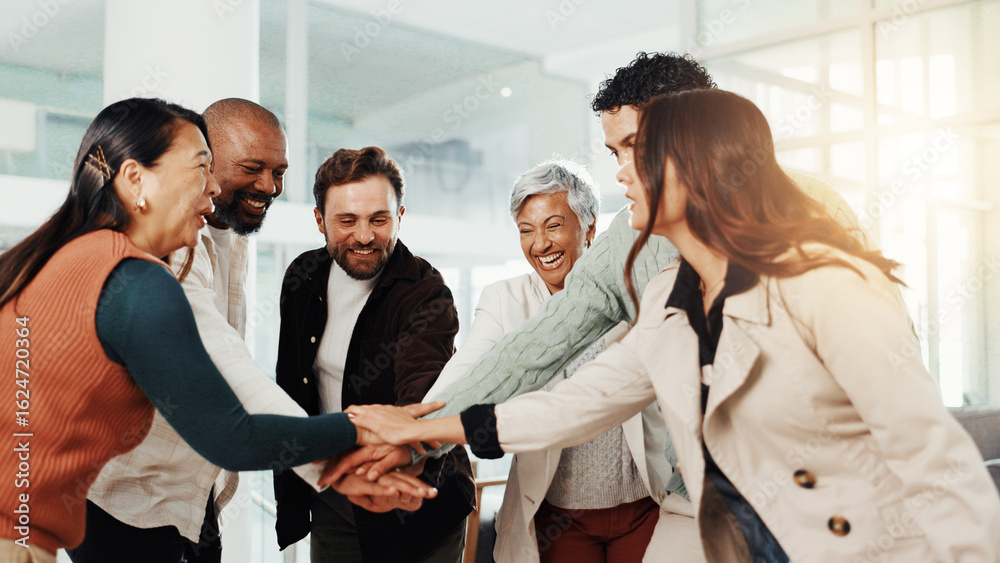 Obraz premium Teamwork, motivation and hands together of business people with mission for trust, support and group huddle. Collaboration, circle and success with winning employees for celebration, target and goal