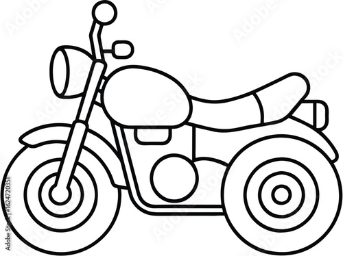Coloring Book Outlined trike motorcycle illustration with rounded features and white background design vector graphic