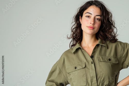 Young woman with curly hair in casual olive green shirt posing against a light grey background, showcasing natural beauty and relaxed style