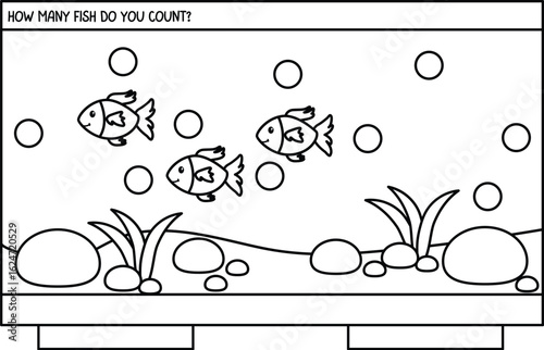 Coloring Book Counting activity worksheet featuring a fish tank illustration with three fish and bubbles for educational use