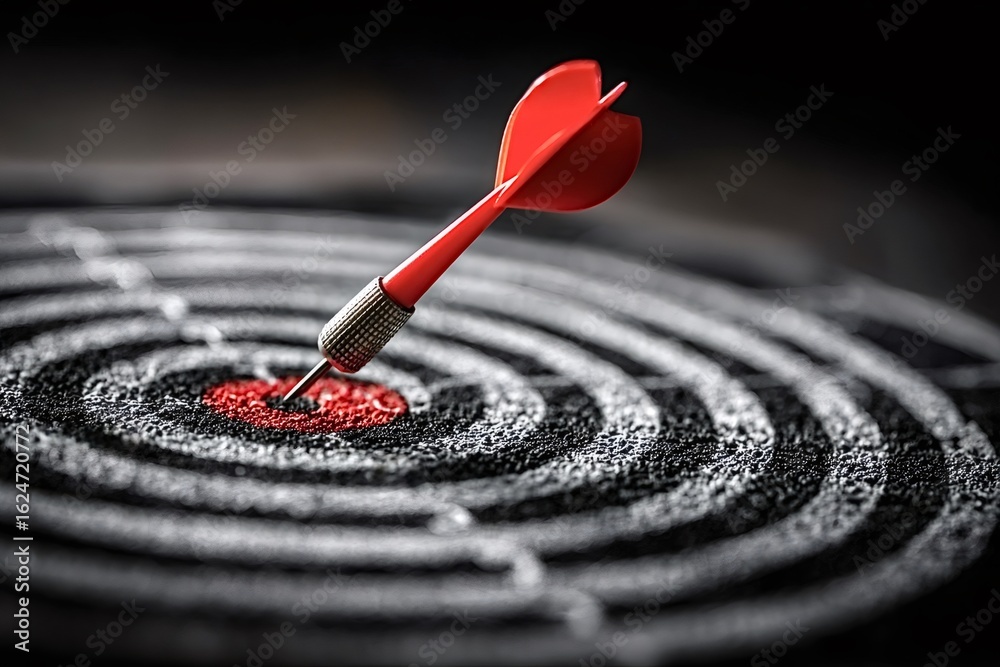 Red dart hitting the center of target on a black background, representing achieving a goal, success, and accuracy in business or other endeavors Red dart hitting the center of target on a black background, representing achieving a goal, success, and accuracy in business or other endeavors