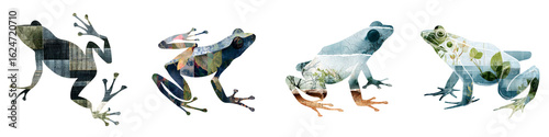 Abstract Frog Silhouettes with Watercolor Textures on White
