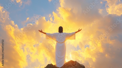 Majestic Spiritual Figure with Outstretched Arms Against Breathtaking Sunrise Sky Illuminated by Soft Golden Light and Dramatic Clouds