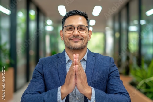 Confident Businessman in Blazer Smiling with Hands Together in Prayer Gesture in Modern Office Space with Plants and Natural Light