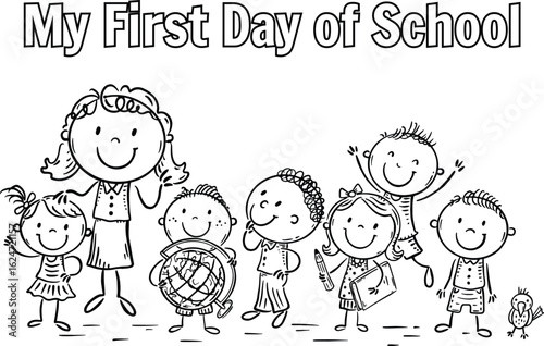 Coloring Book "My First Day of School" coloring page features happy students and teacher in line art style