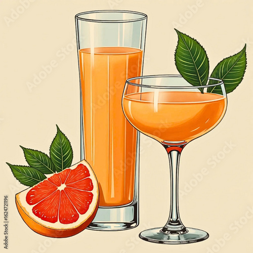 Two cocktails with grapefruit and mint leaves on a light background, colorful and refreshing.