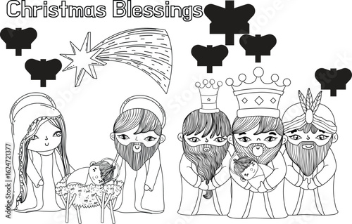 Coloring Book Christmas blessings illustration featuring the Nativity scene with Mary, Joseph, baby Jesus, and the Three Wise Men
