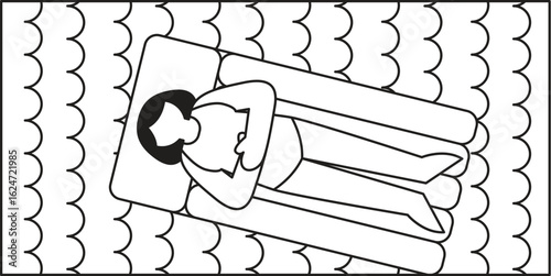 Coloring Book Person relaxing on a floating raft in wavy water evokes a sense of summer relaxation and tranquility